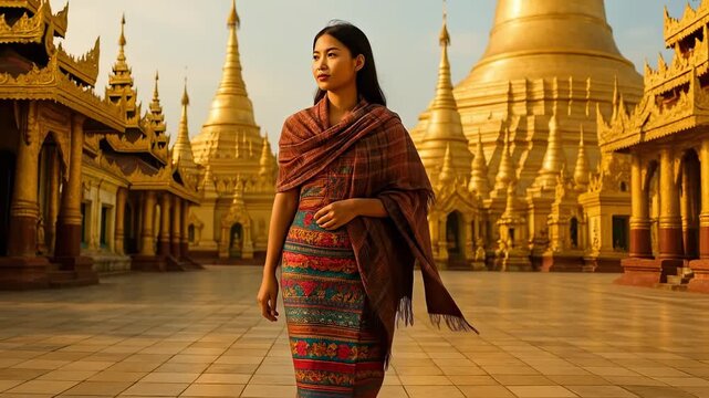 Serene Woman in Hand-Woven Burmese Longyi Dress and Shawl Walking Through Majestic Golden Temple Complex in Myanmar, Capturing Traditional Culture ...