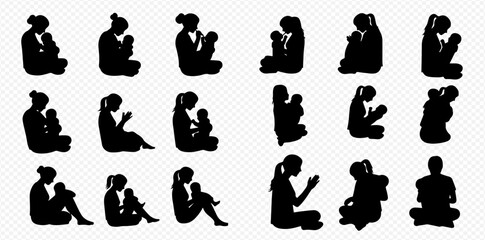 Collection of silhouette illustrations depicting women sitting, some holding babies, others meditating or in prayer.