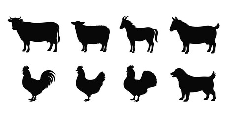 Farm Animal Silhouette Set: Cow, Sheep, Goats, Rooster, Hen, Turkey, and Dog Icons in Black for Agriculture, Education, and Design Use