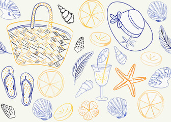 Summer beach vacation pattern with hat flip flops seashells and drink