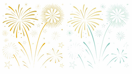 Festive gold and teal fireworks and stars on a white background