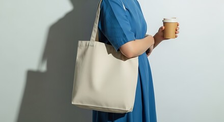 Woman in blue dress holding a tote bag and coffee cup