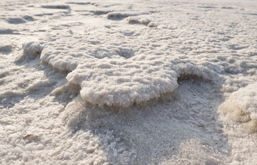 Natural Salt Crust Surface Pattern On Salty Lake Texture With Mineral Deposits And Shallow Water good background.