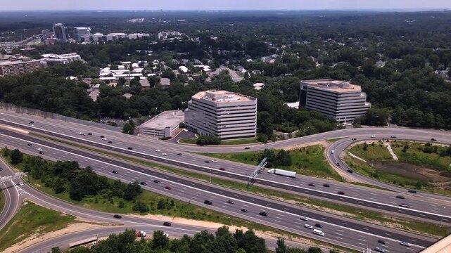 Drone Shot of Expressway in Virginia. traveling on interstate 495
