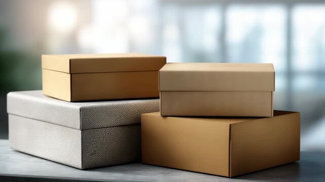 Stacked luxury gift boxes on marble table in modern bright room