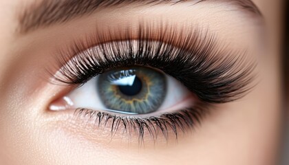 Obraz premium Close-Up Macro Of Female Eye With Dramatically Long False Eyelashes And Black Eyelash Extensions: Makeup, Beauty, Cosmetics With Copy Space.