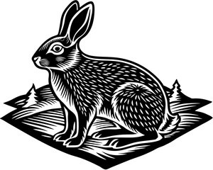 Stylized black and white illustration of a rabbit sitting in a field