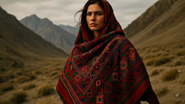 Determined Woman in Traditional Afghan-Inspired Pashmina Shawl Navigating a Rugged Mountain Landscape, Symbolizing Strength and Cultural Heritage