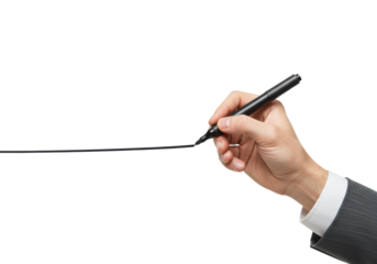 Clean fair-skinned male hand holding a sleek black marker poised over a transparent surface, sharp focus in a high-key studio setting, concept of strategic thought and new beginnings