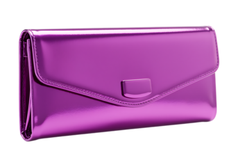 A shiny purple clutch purse with a flap and clasp closure on transparent background