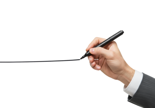 Clean fair-skinned male hand holding a sleek black marker poised over a transparent surface, sharp focus in a high-key studio setting, concept of strategic thought and new beginnings