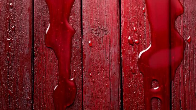 Sinister Red Liquid, Like Blood, Slowly Drips and Pools on a Dark, Textured Wooden Background