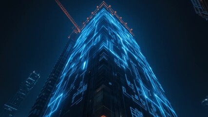 Construction site at night showing digital blueprints overlaid on a modern skyscraper under construction. 4k video - Powered by Adobe
