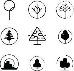 Collection of minimalist tree icons in black and white with various shapes and styles on a white background