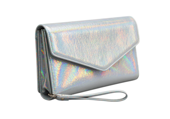 Holographic clutch purse with wrist strap and iridescent shine on transparent background