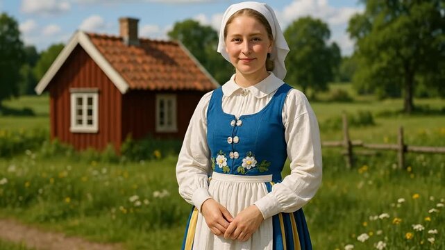 Young woman in traditional Swedish Folkdr&auml;kt from Sweden, standing proudly in an idyllic rural landscape with a classic red cottage on a sunny summ...