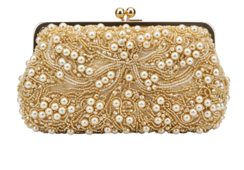 Elegant gold beaded clutch purse with pearls on black background on transparent background