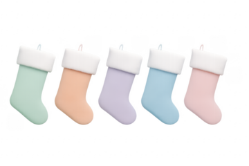 Five pastel colored christmas stockings hanging with transparent background
