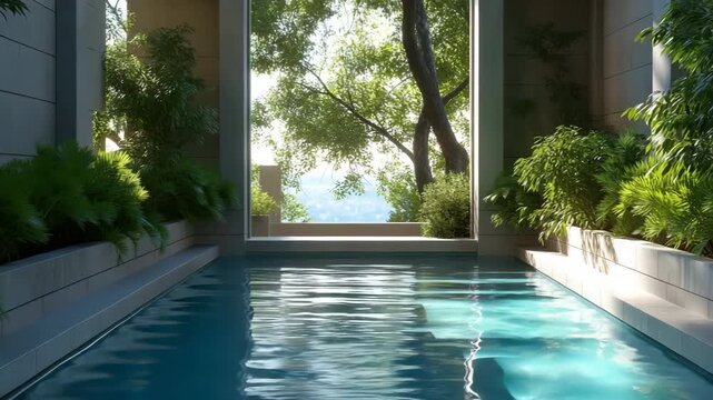 Tranquil indoor pool with lush greenery and sunlit tree view