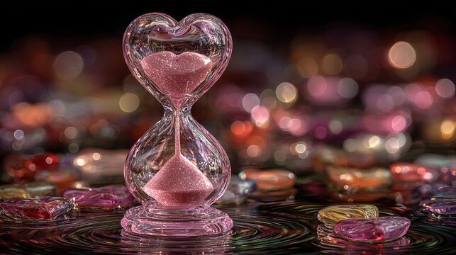 Heart Shaped Hourglass with Pink Sand on Water Surface