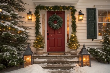Festive snowy christmas eve entrance with wreath and lights