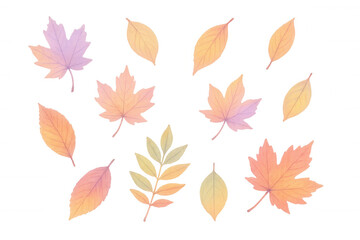 Watercolor illustration depicting vibrant autumn leaves falling softly, cascading against translucent backdrop for seasonal visual composition