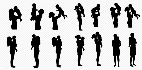 Silhouettes of mothers holding, carrying, and lifting their babies in various poses, showcasing maternal love and interaction.