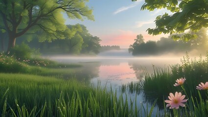 Serene misty morning lake with lush greenery and soft pink sky
