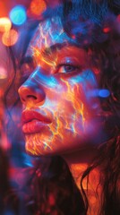 A close up of a woman with a colorful face and body portrait vertical background