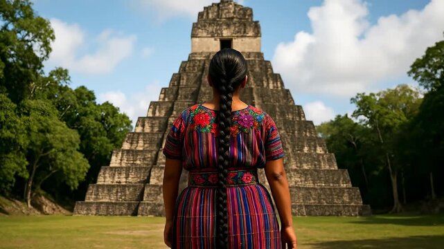 Woman in Traditional Guatemalan Huipil Dress with Long Braid Admiring Majestic Ancient Mayan Temple Pyramid in Lush Tikal Jungle