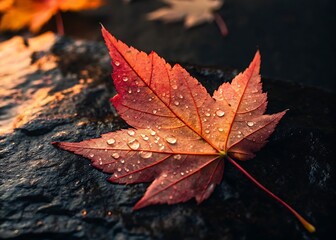 Closeup of a vibrant red maple leaf covered in water droplets, showcasing the beauty of autumn with its rich colors and textures, set against a dark background with a shallow depth of field