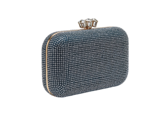 A small blue beaded evening clutch purse with gold accents and clasp on transparent background