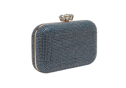 A small blue beaded evening clutch purse with gold accents and clasp on transparent background - Powered by Adobe