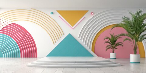 Fototapeta premium Pastel Geometric Stage Design with Plants, Interior Design, 3D Rendering