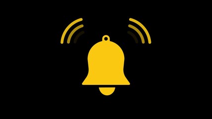 Animated ringing bell icon on transparent background with alpha channel. Yellow notification alert symbol, alarm and reminder sign. Loop animation for interface, app, web, video editing and design