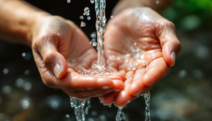 Hands cupped catching clear water with splashing droplets