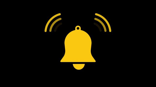 Animated ringing bell icon on transparent background with alpha channel. Yellow notification alert symbol, alarm and reminder sign. Loop animation for interface, app, web, video editing and design