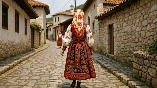 Woman in Traditional Balkan Embroidered Folk Dress Walking on Historic Cobblestone Street in an Old European Village