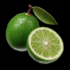Fresh green lime with droplets and a slice showcasing vibrant color and texture