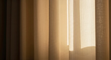 Warm morning sunlight dances across thick beige curtains with soft shadows and subtle sheen