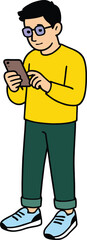 Young man standing with smartphone in hand, wearing casual yellow sweater and glasses, digital lifestyle, modern technology, communication illustration concept.