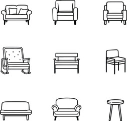 A collection of nine furniture icons including sofas chairs benches and a small table in black outline