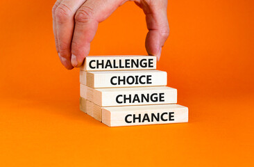 Challenge choice change chance symbol. Concept words Challenge choice change chance on beautiful wooden blocks. Beautiful orange background. Business Challenge choice change chance concept. Copy space
