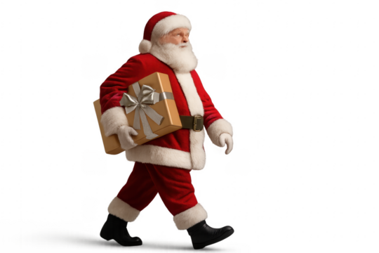 Santa Claus walking and carrying a Christmas gift on transparent background