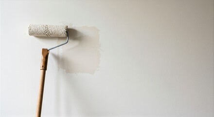 Obraz premium Soft natural light illuminates a paint roller beside patched wall with a light beige paint section and a wooden handle resting against it