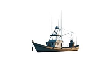 classic blue and white fishing trawler, no background