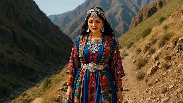 Serene Woman in a Traditional Embroidered Kaftan Dress, originating from the Central Asian Highlands, walking amidst majestic mountain scenery.