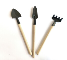 Set of three mini gardening tools with wooden handles on white background, ideal for planting.