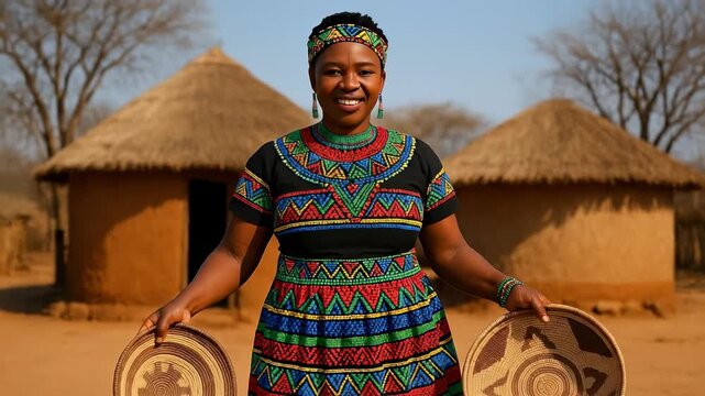 Smiling African Woman in a Vibrant Shweshwe Dress from South Africa, proudly holding hand-woven baskets, symbolizing cultural heritage in a traditi...