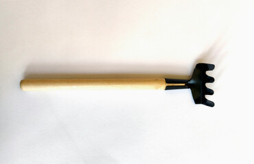 Mini garden rake with wooden handle on white background, perfect for planting and soil care.